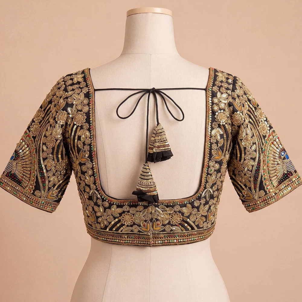 Black Italian Silk Codding Sequence Peacock Work Bridal Blouse — view 3