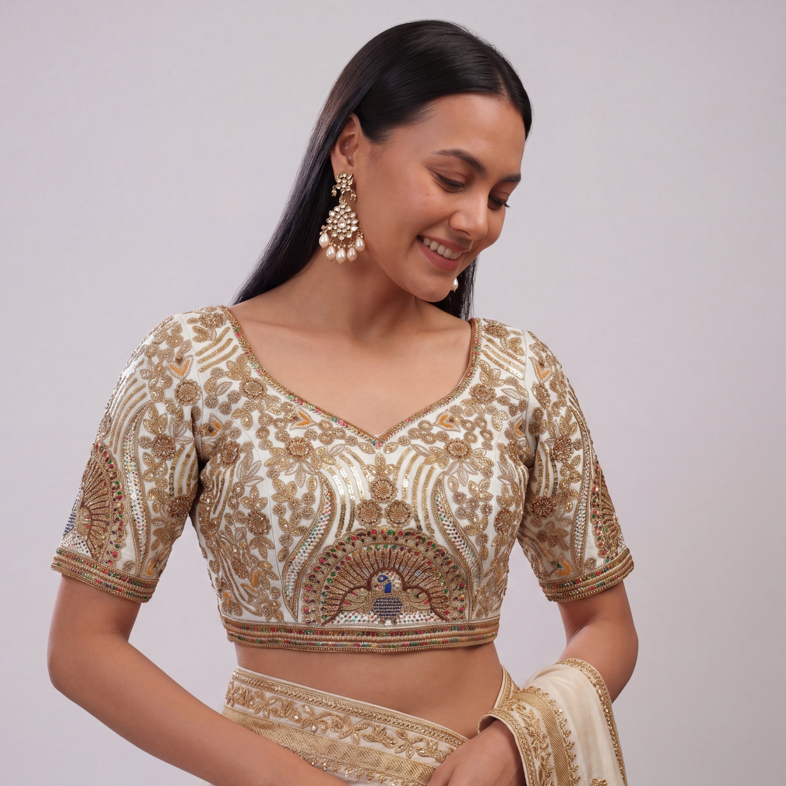 White Italian Silk Codding Sequence Peacock Work Bridal Blouse