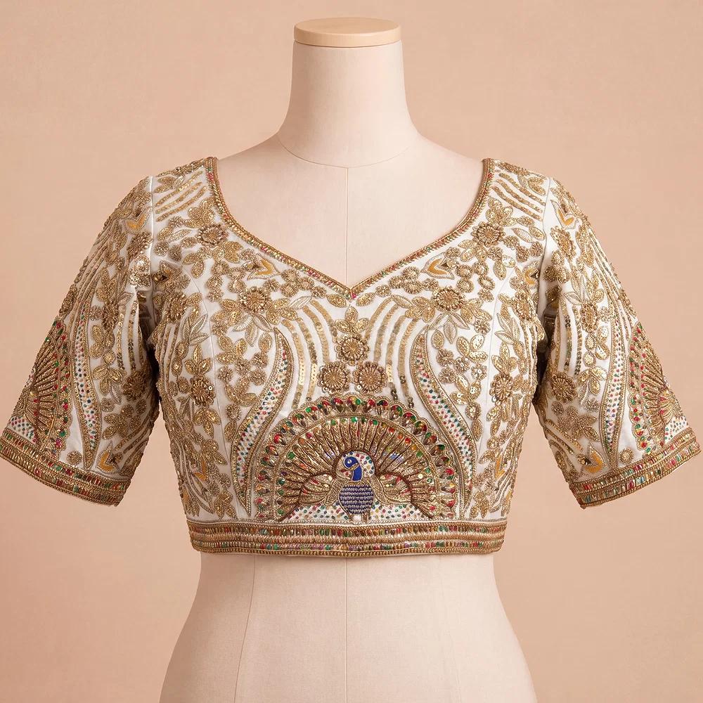 White Italian Silk Codding Sequence Peacock Work Bridal Blouse — view 2