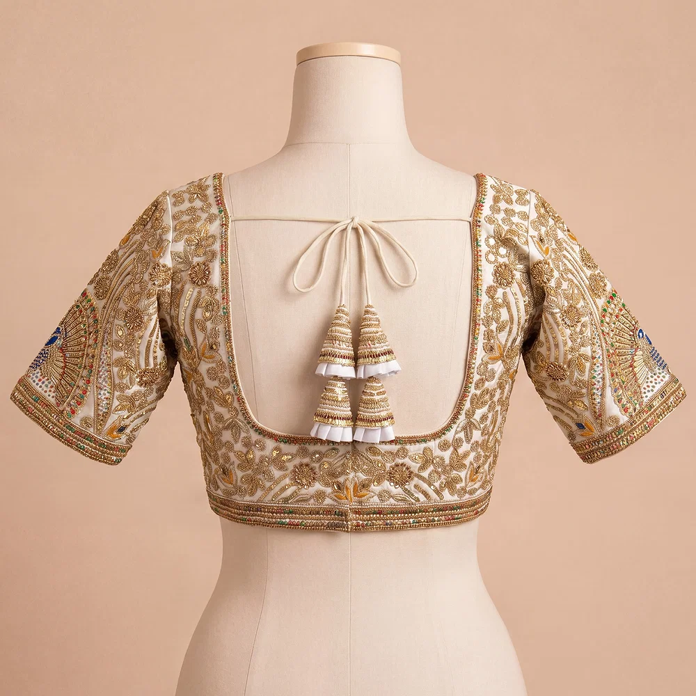 White Italian Silk Codding Sequence Peacock Work Bridal Blouse — view 3