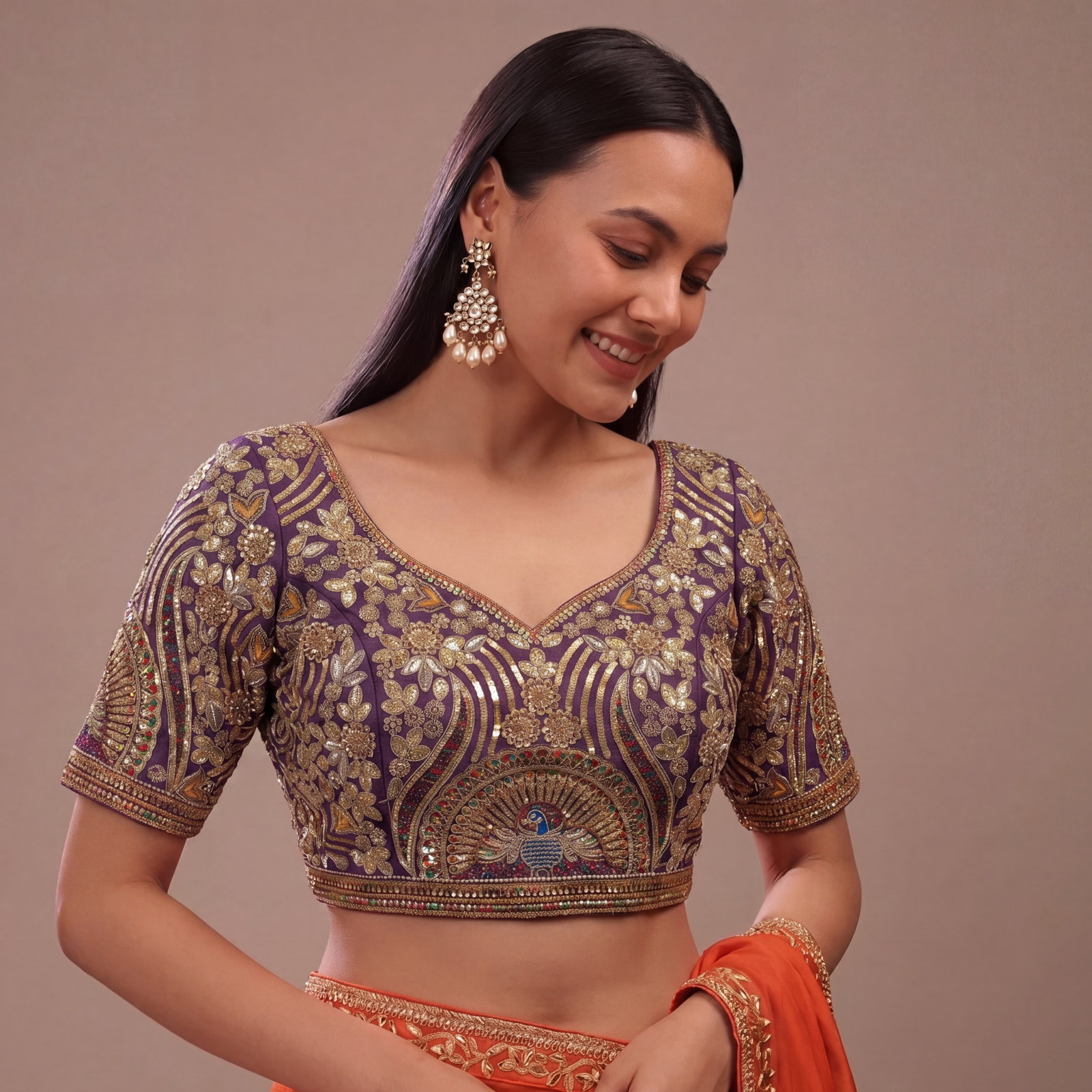 Wine Italian Silk Codding Sequence Peacock Work Bridal Blouse