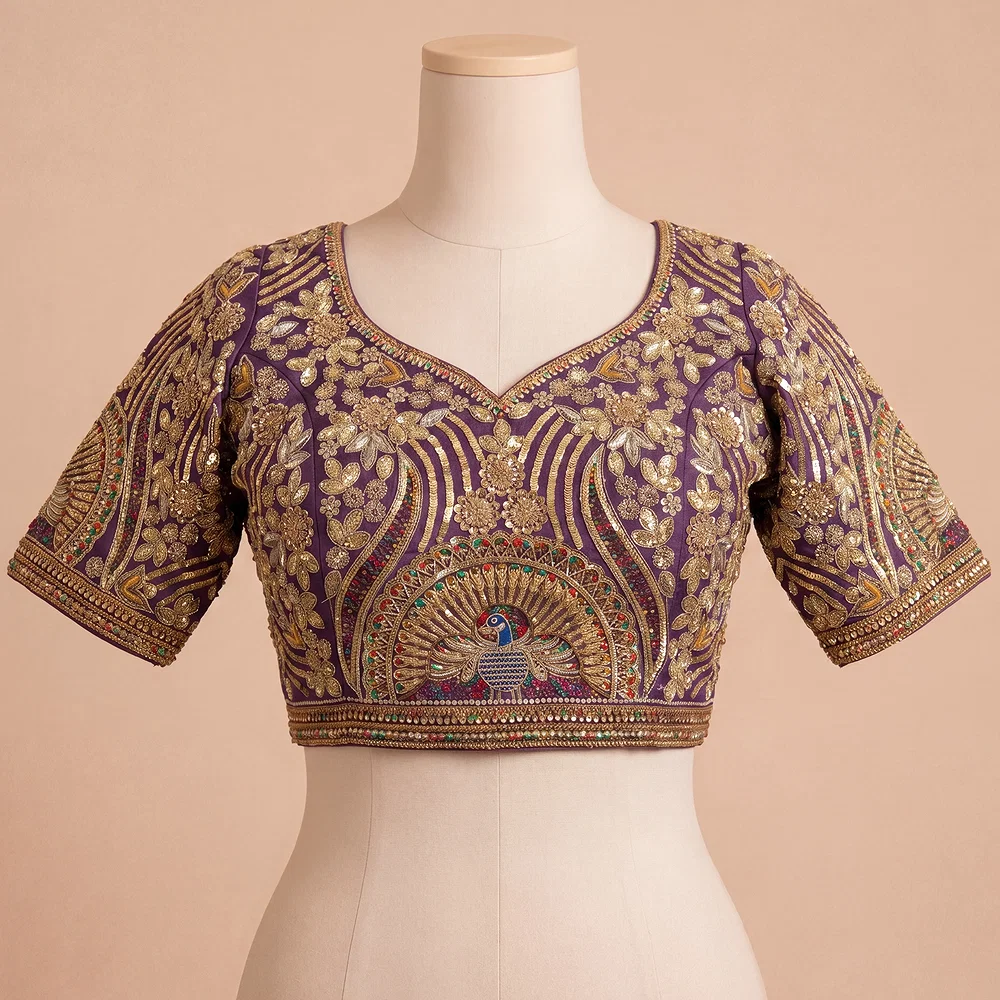 Wine Italian Silk Codding Sequence Peacock Work Bridal Blouse — view 2
