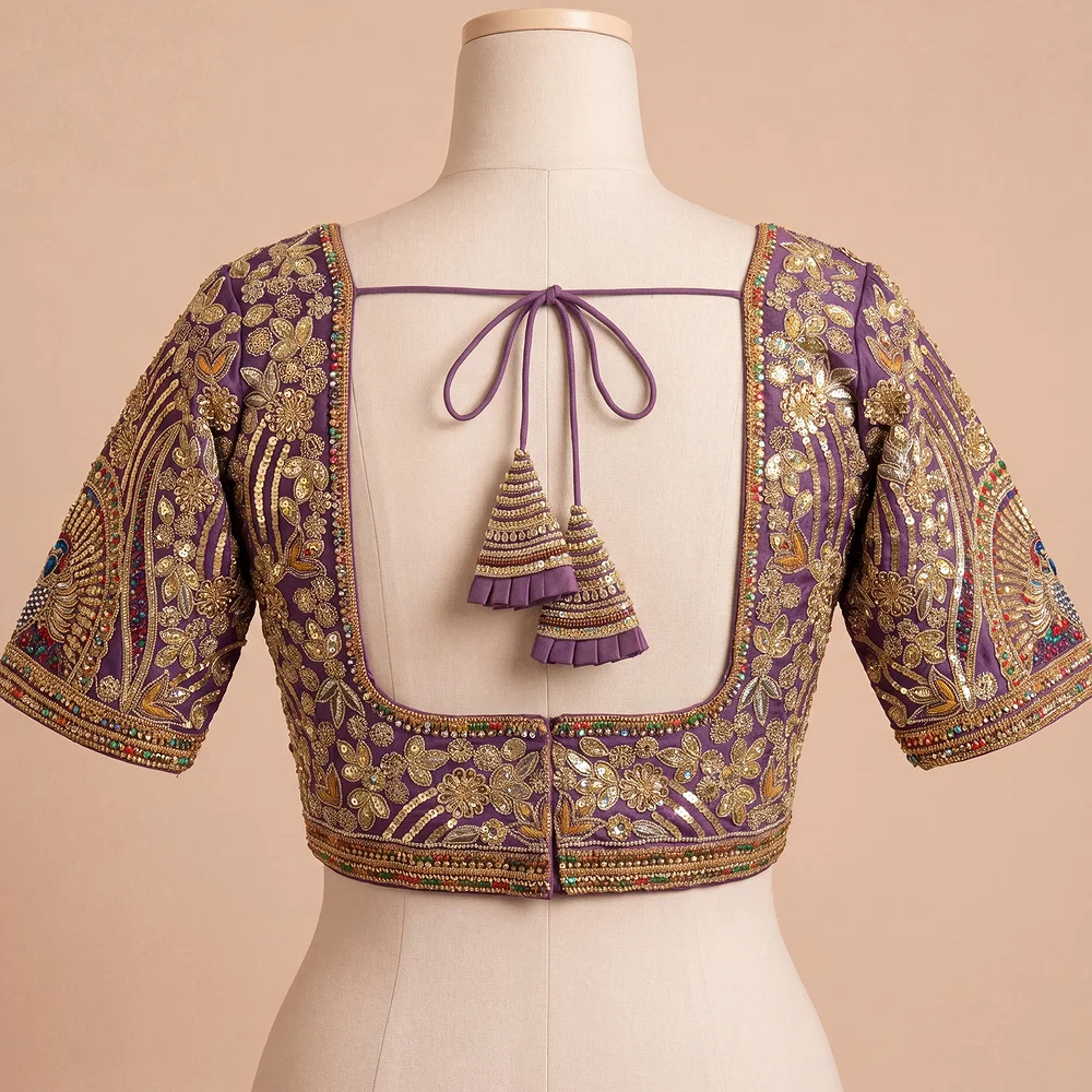 Wine Italian Silk Codding Sequence Peacock Work Bridal Blouse — view 3