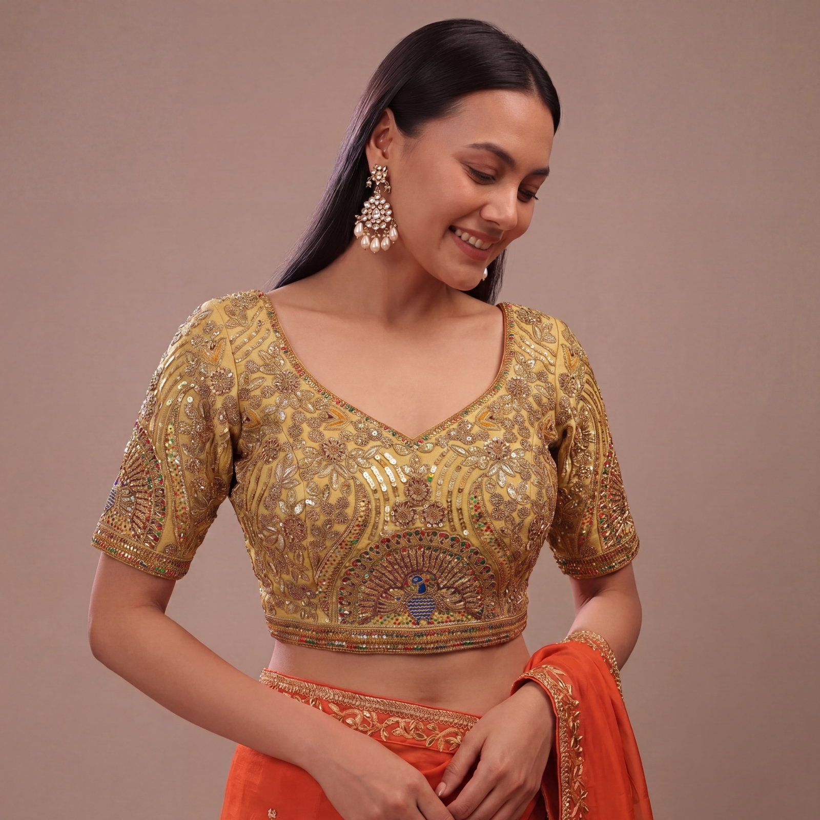 Gold Italian Silk Codding Sequence Peacock Work Bridal Blouse