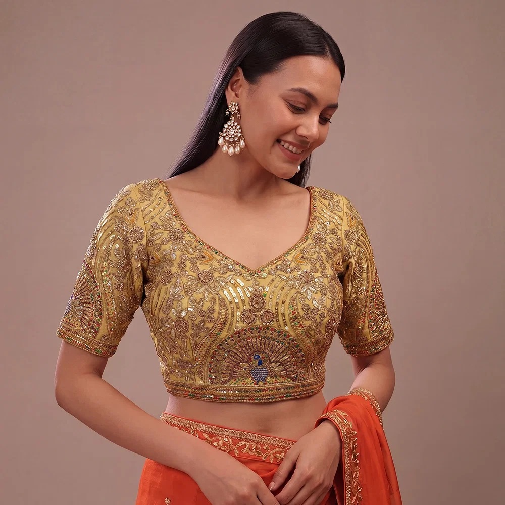 Gold Italian Silk Codding Sequence Peacock Work Bridal Blouse — view 1