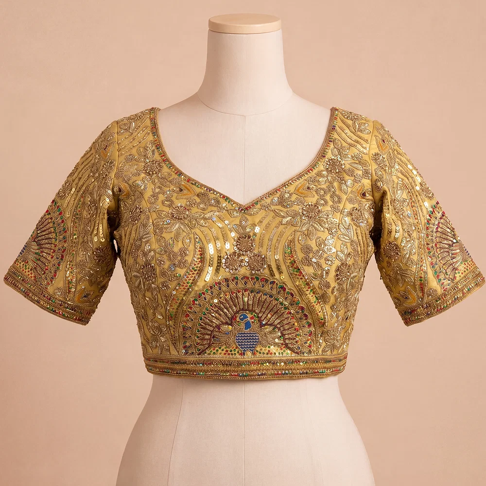 Gold Italian Silk Codding Sequence Peacock Work Bridal Blouse — view 2