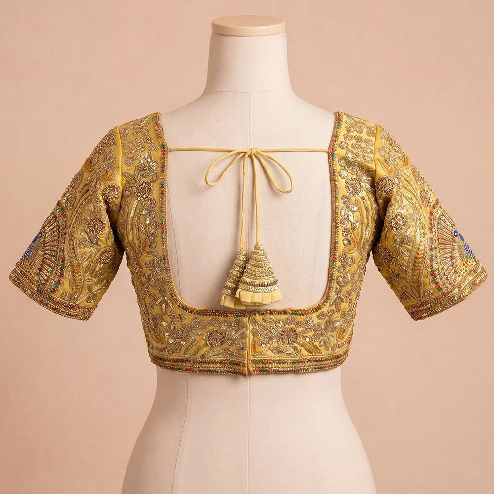 Gold Italian Silk Codding Sequence Peacock Work Bridal Blouse — view 3