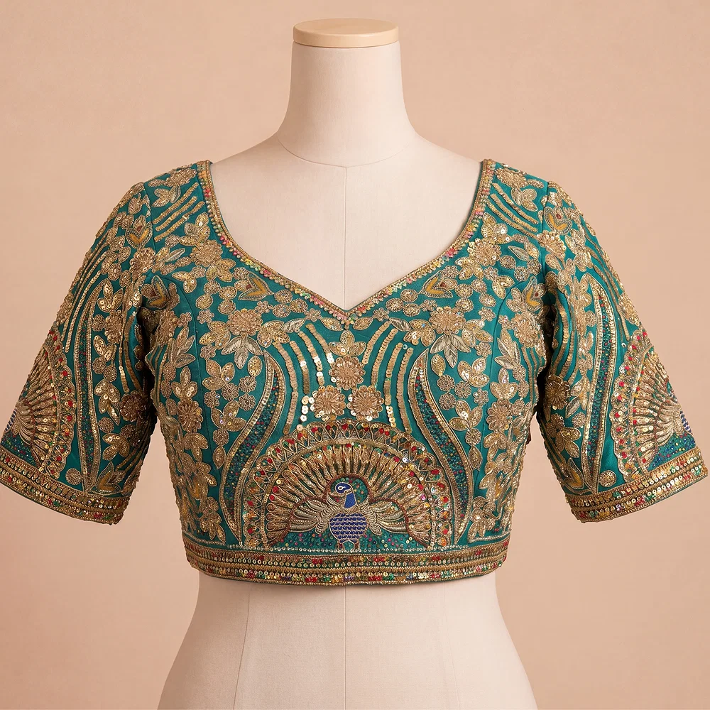 Rama Italian Silk Codding Sequence Peacock Work Bridal Blouse — view 2