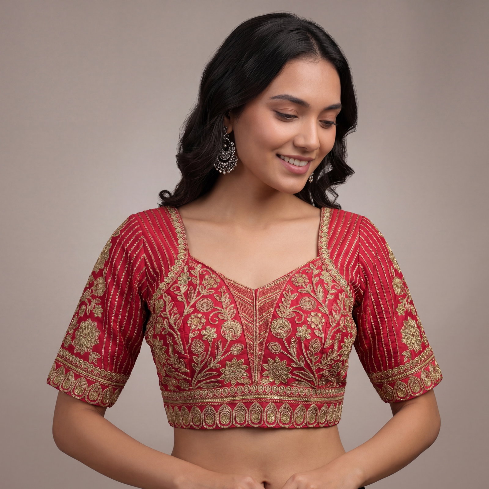 Red Zari Work Partywear Half Sleeve Heavy Designer Blouse