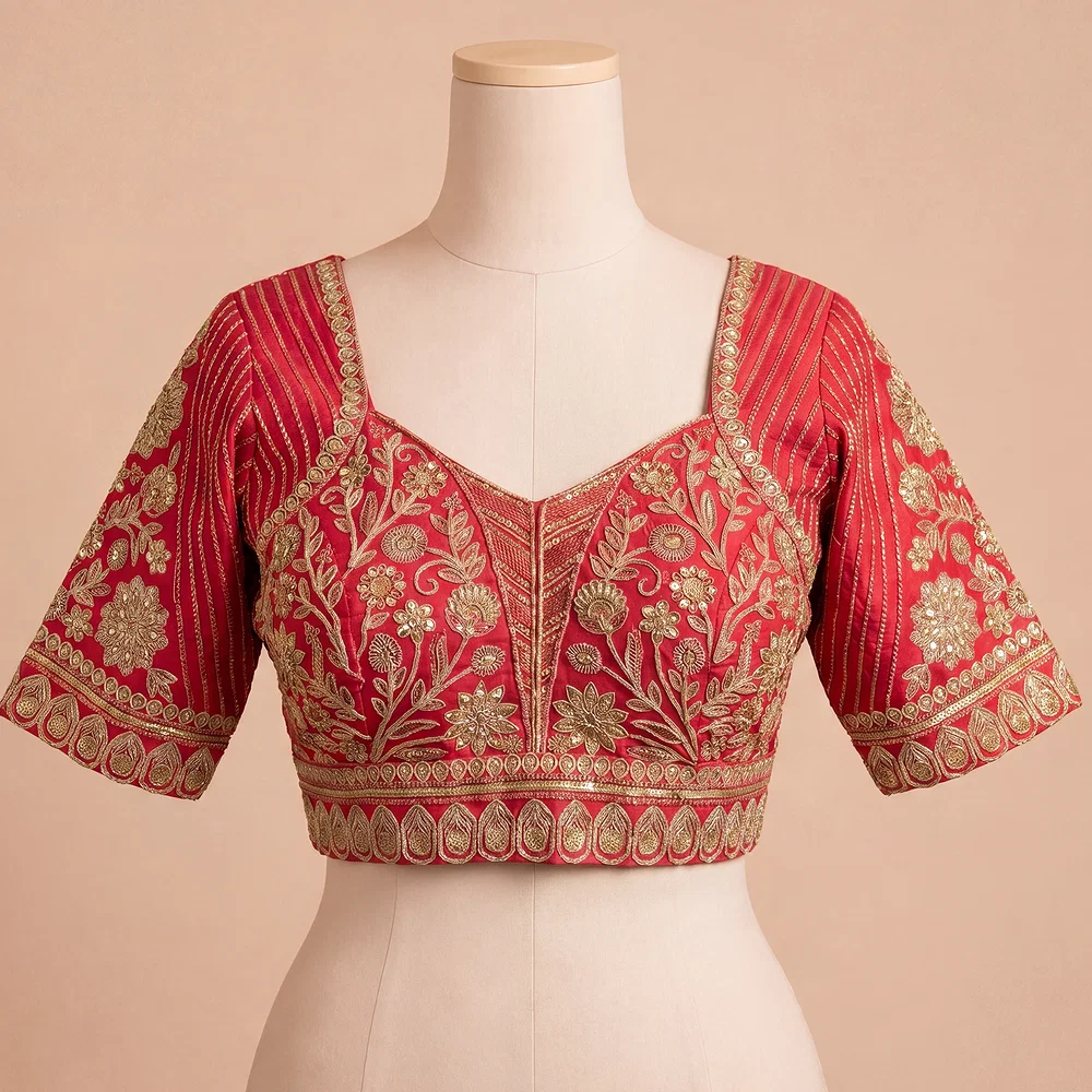Red Zari Work Partywear Half Sleeve Heavy Designer Blouse — view 2