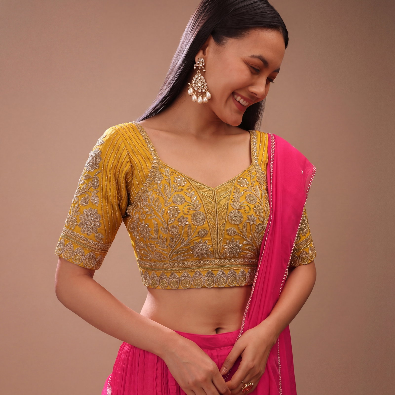 Yellow Zari Work Partywear Half Sleeve Heavy Designer Blouse