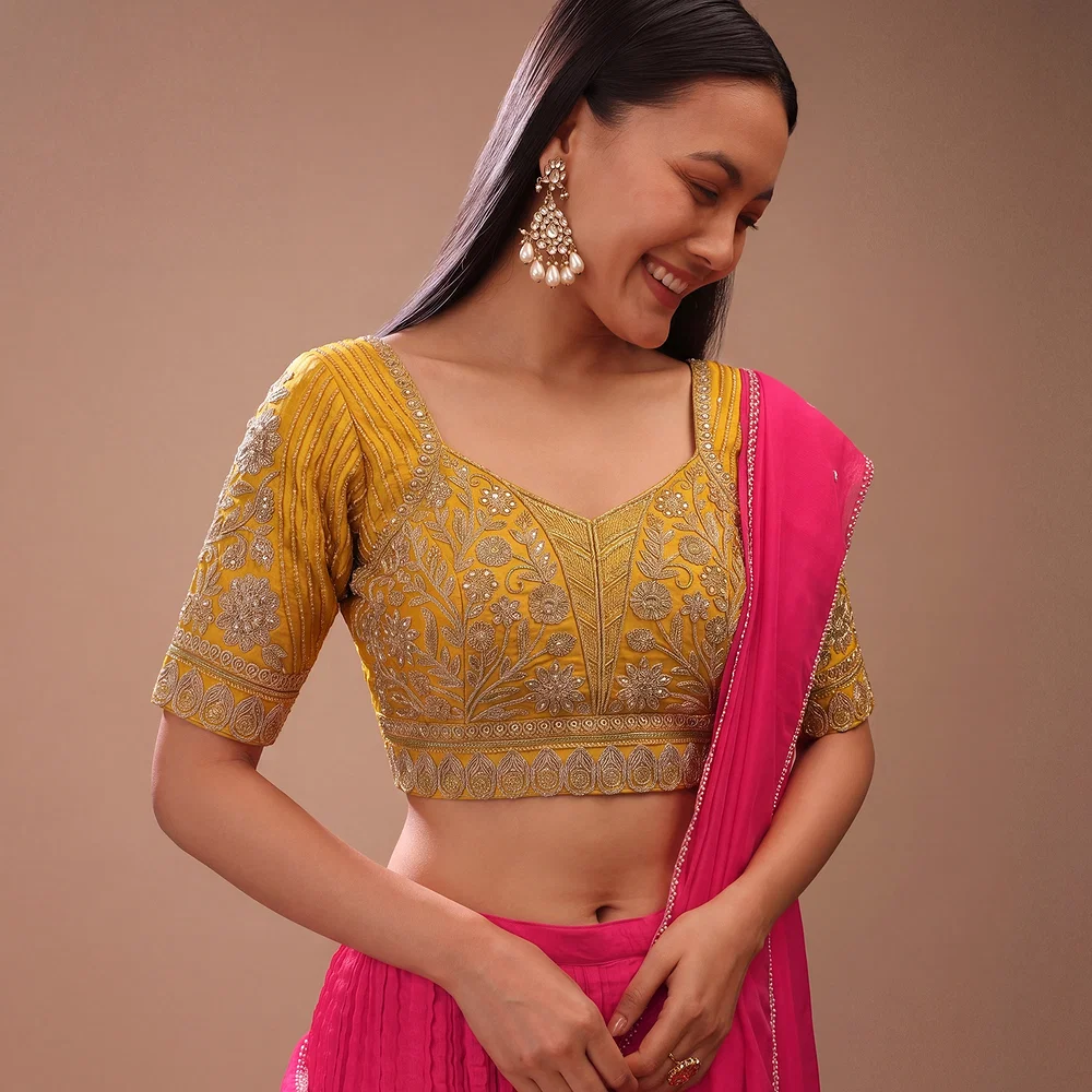 Yellow Zari Work Partywear Half Sleeve Heavy Designer Blouse — view 1