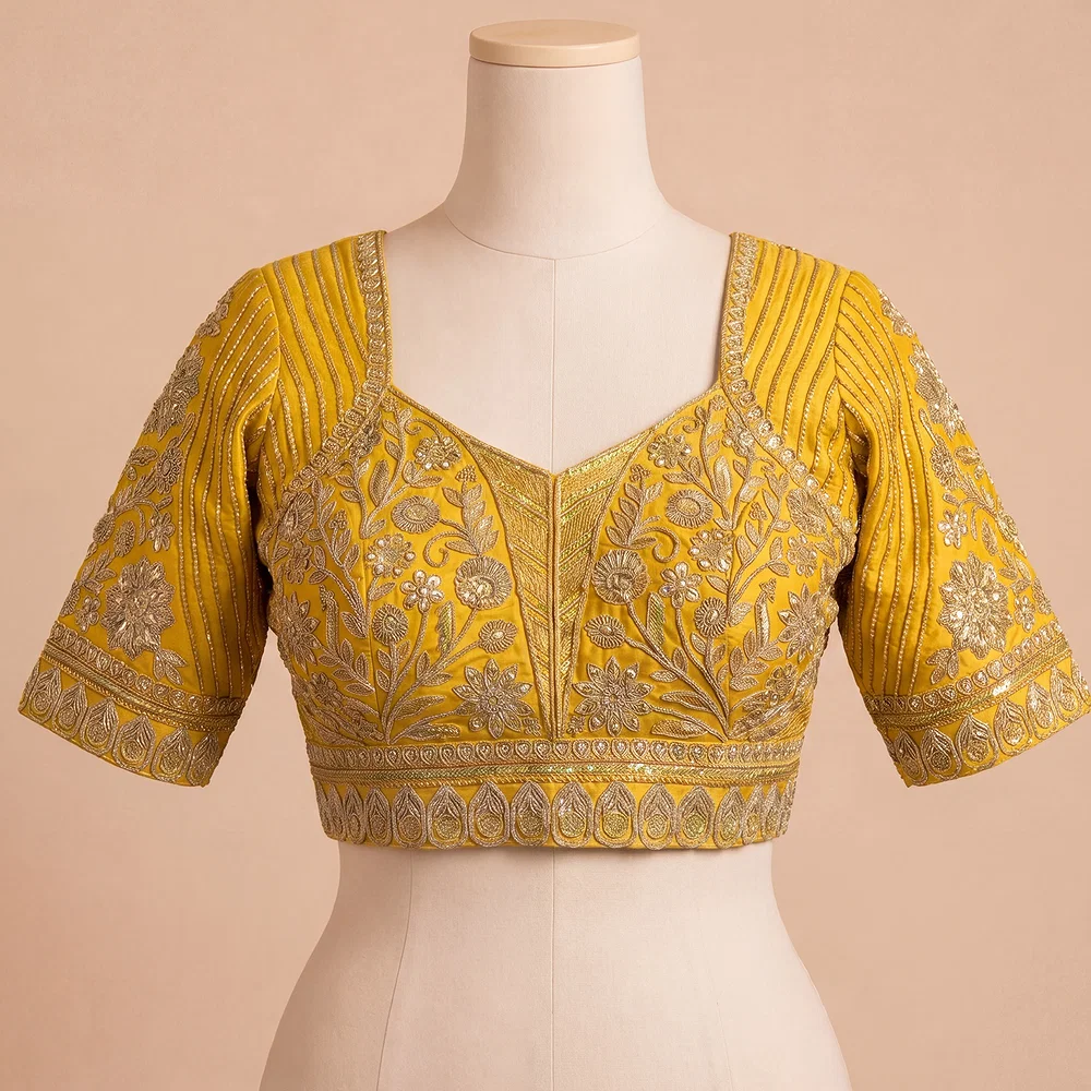 Yellow Zari Work Partywear Half Sleeve Heavy Designer Blouse — view 2