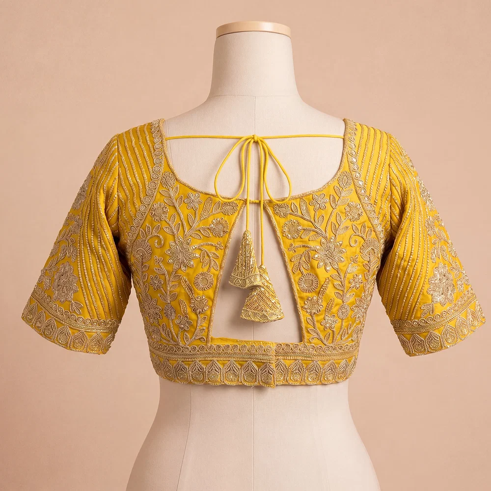 Yellow Zari Work Partywear Half Sleeve Heavy Designer Blouse — view 3