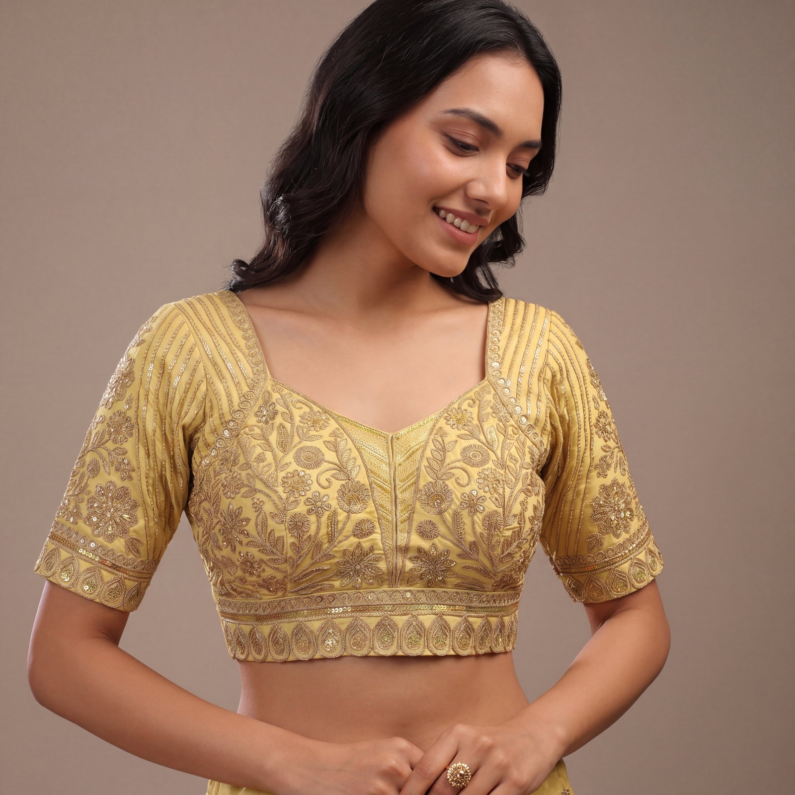 Gold Zari Work Partywear Half Sleeve Heavy Designer Blouse
