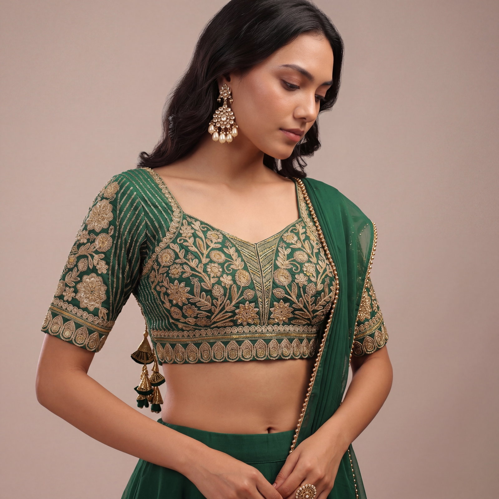 Green Zari Work Partywear Half Sleeve Heavy Designer Blouse