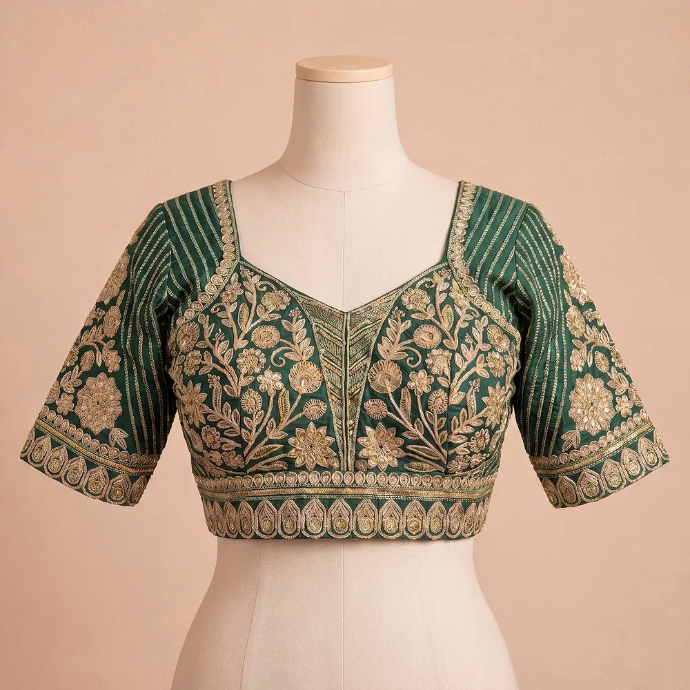 Green Zari Work Partywear Half Sleeve Heavy Designer Blouse — view 2