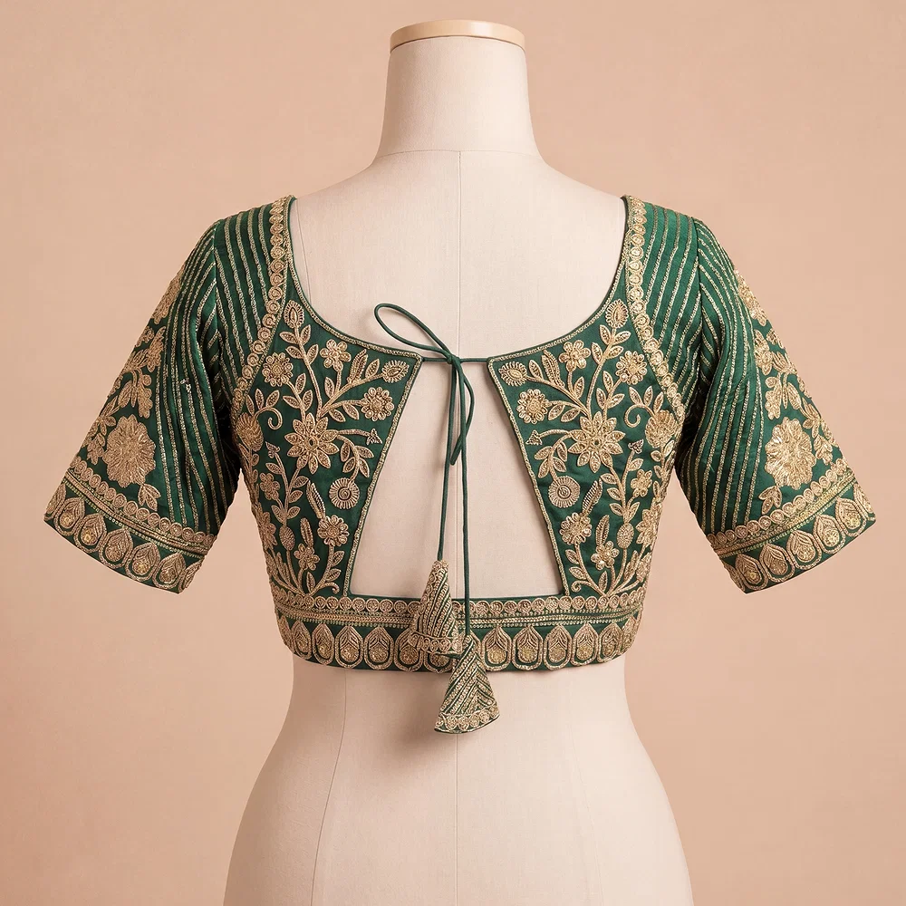 Green Zari Work Partywear Half Sleeve Heavy Designer Blouse — view 3