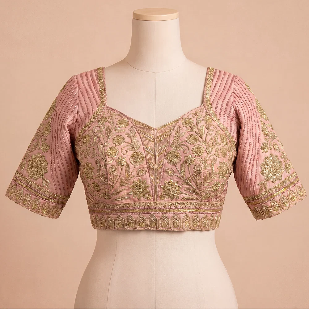Peach Zari Work Partywear Half Sleeve Heavy Designer Blouse — view 2