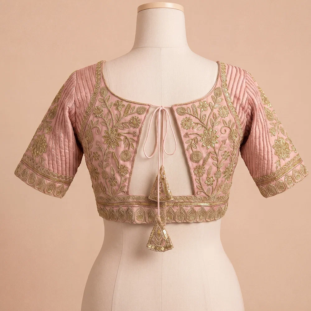 Peach Zari Work Partywear Half Sleeve Heavy Designer Blouse — view 3