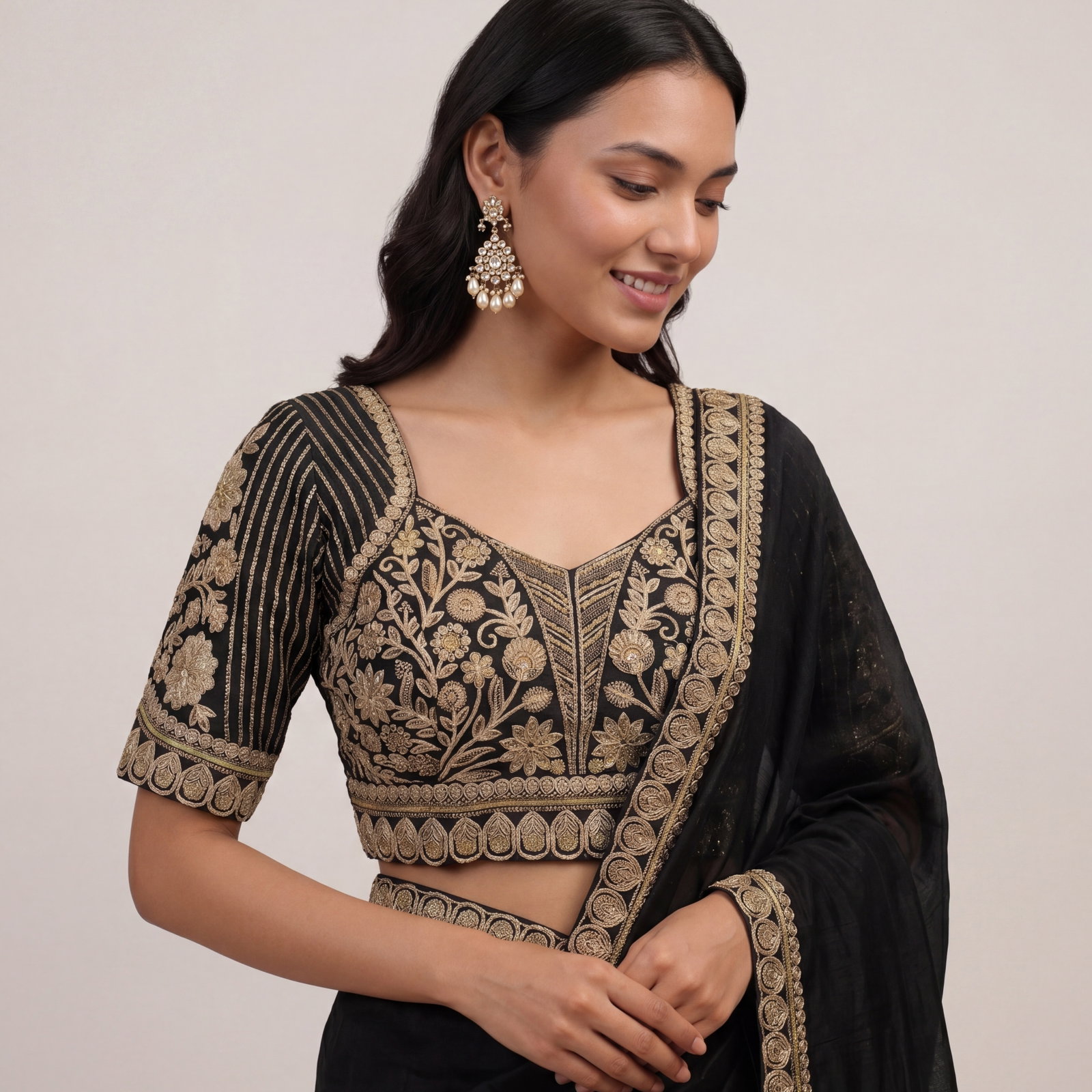 Black Zari Work Partywear Half Sleeve Heavy Designer Blouse