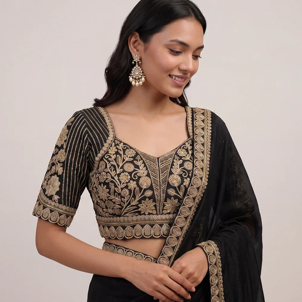 Black Zari Work Partywear Half Sleeve Heavy Designer Blouse — view 1