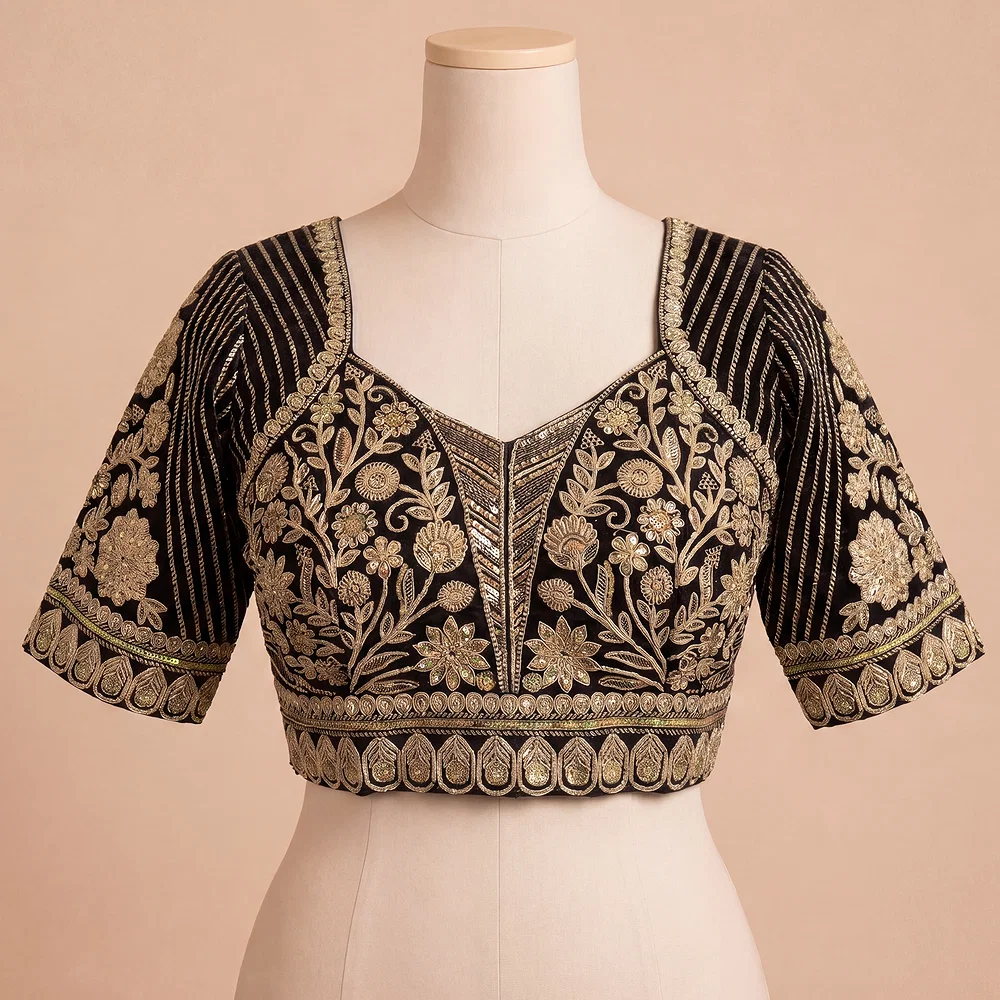 Black Zari Work Partywear Half Sleeve Heavy Designer Blouse — view 2