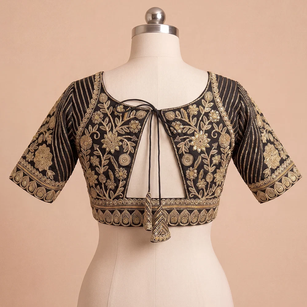 Black Zari Work Partywear Half Sleeve Heavy Designer Blouse — view 3