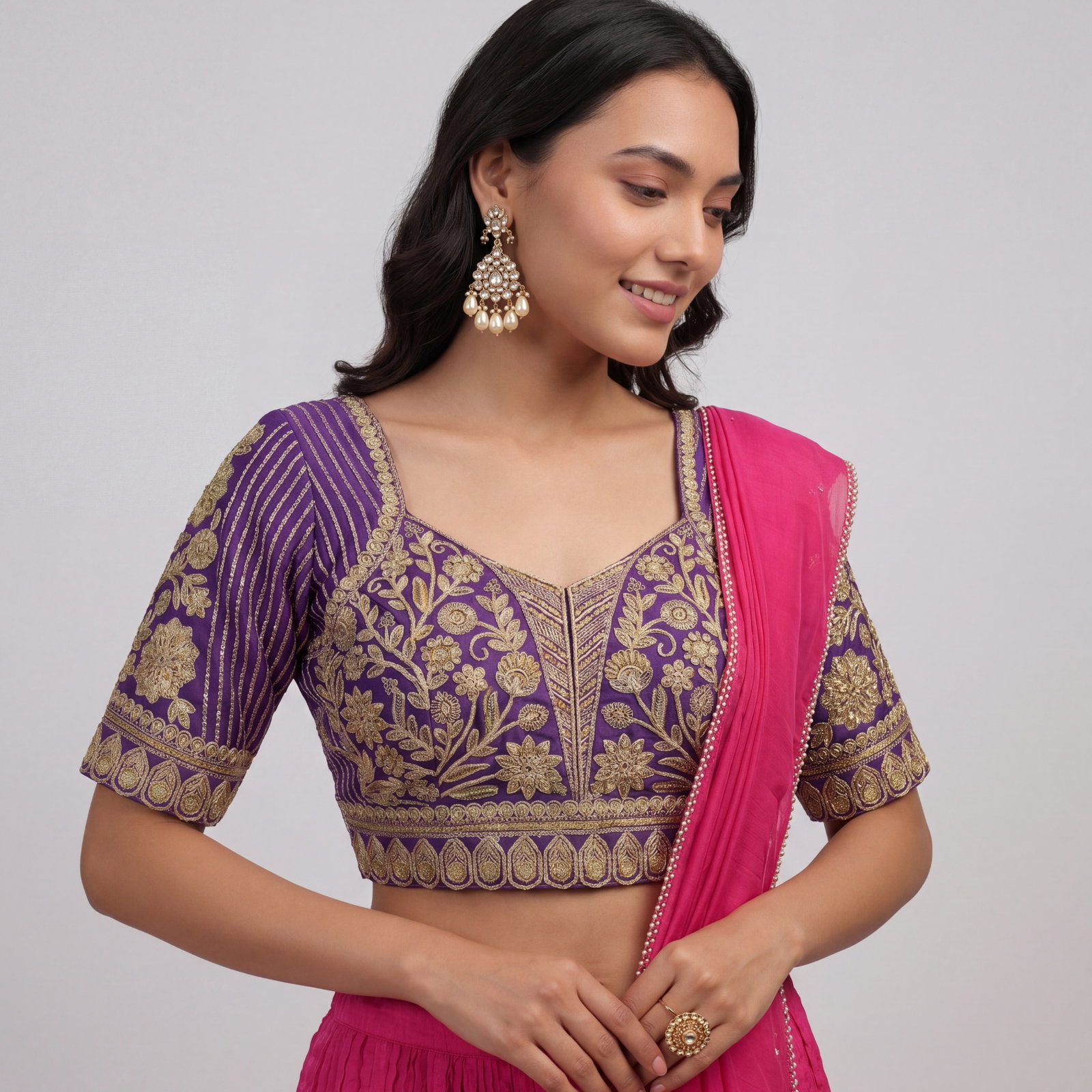 Purple Zari Work Partywear Half Sleeve Heavy Designer Blouse