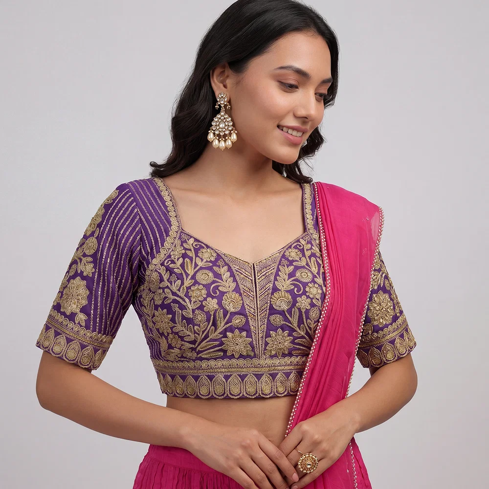 Purple Zari Work Partywear Half Sleeve Heavy Designer Blouse — view 1