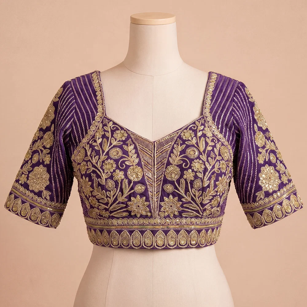 Purple Zari Work Partywear Half Sleeve Heavy Designer Blouse — view 2