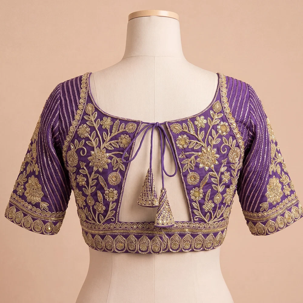 Purple Zari Work Partywear Half Sleeve Heavy Designer Blouse — view 3