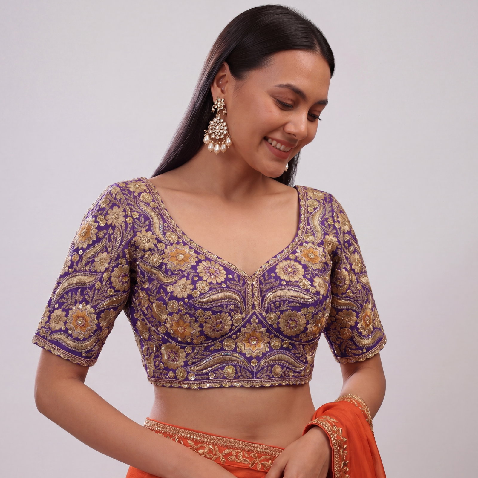 Purple Bridal Sabyasachi Neck Italian Silk Embroidered Readymade Blouse