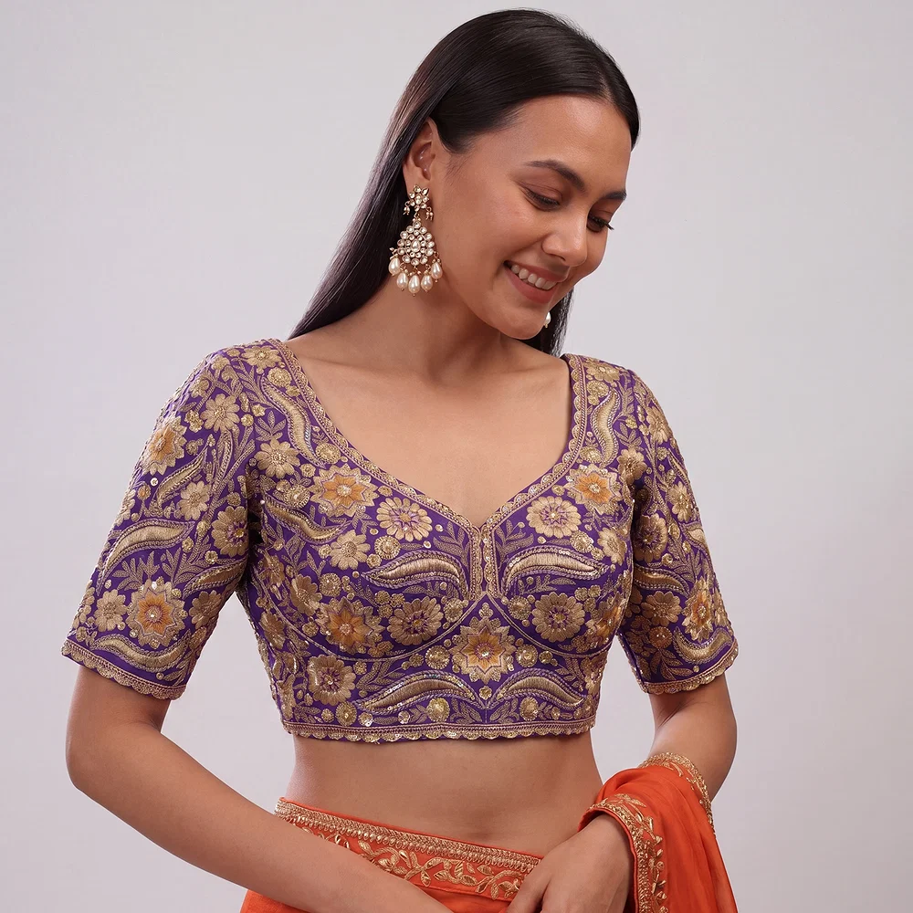 Purple Bridal Sabyasachi Neck Italian Silk Embroidered Readymade Blouse — view 1