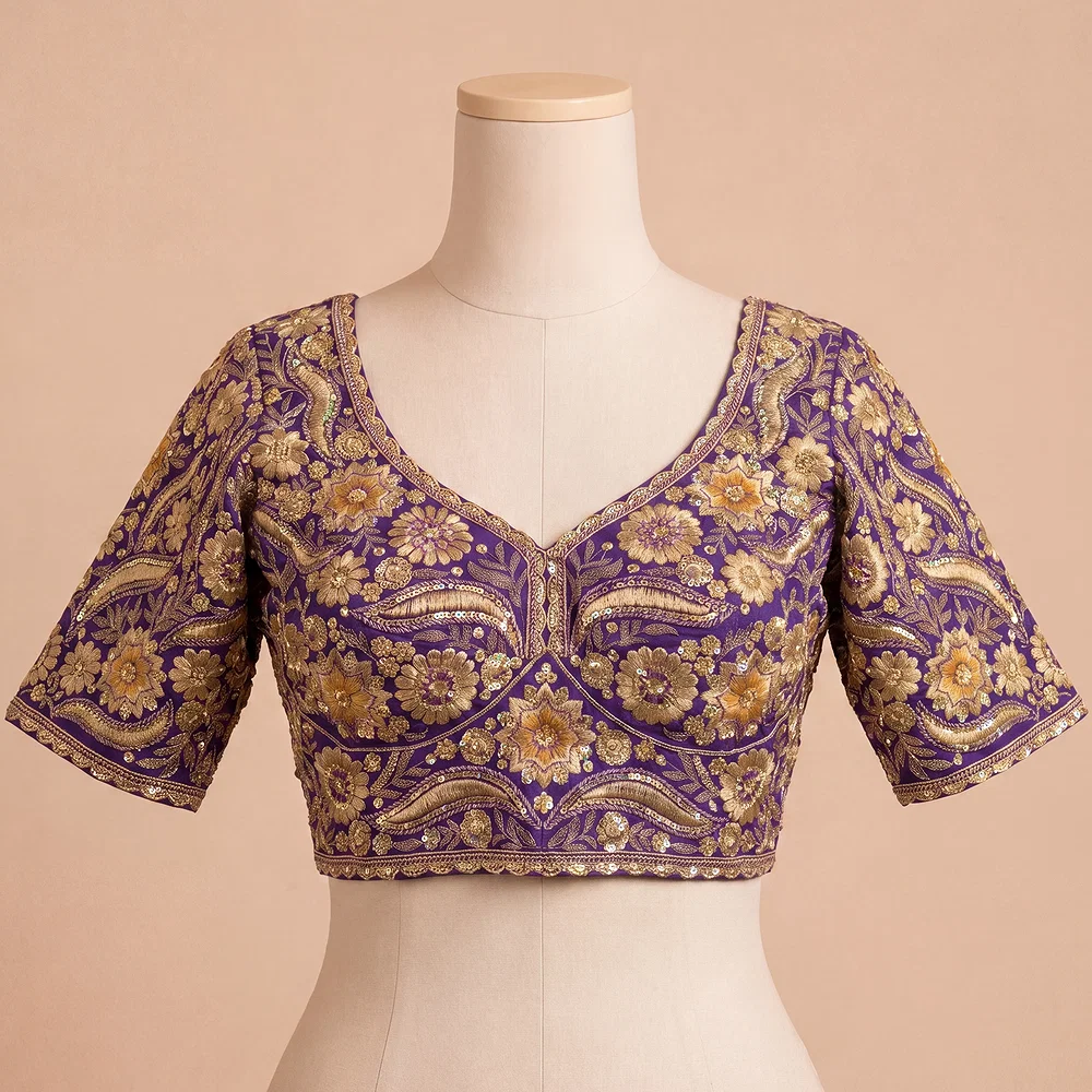 Purple Bridal Sabyasachi Neck Italian Silk Embroidered Readymade Blouse — view 2