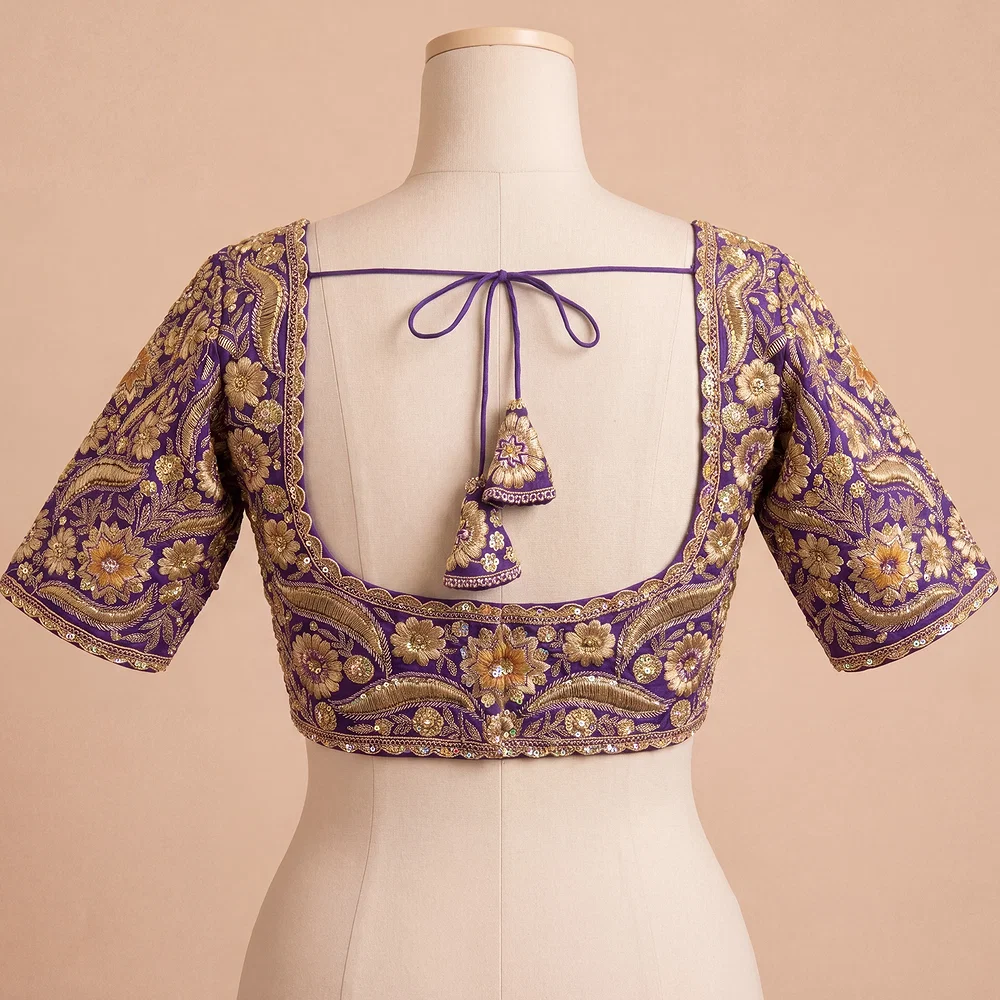 Purple Bridal Sabyasachi Neck Italian Silk Embroidered Readymade Blouse — view 3