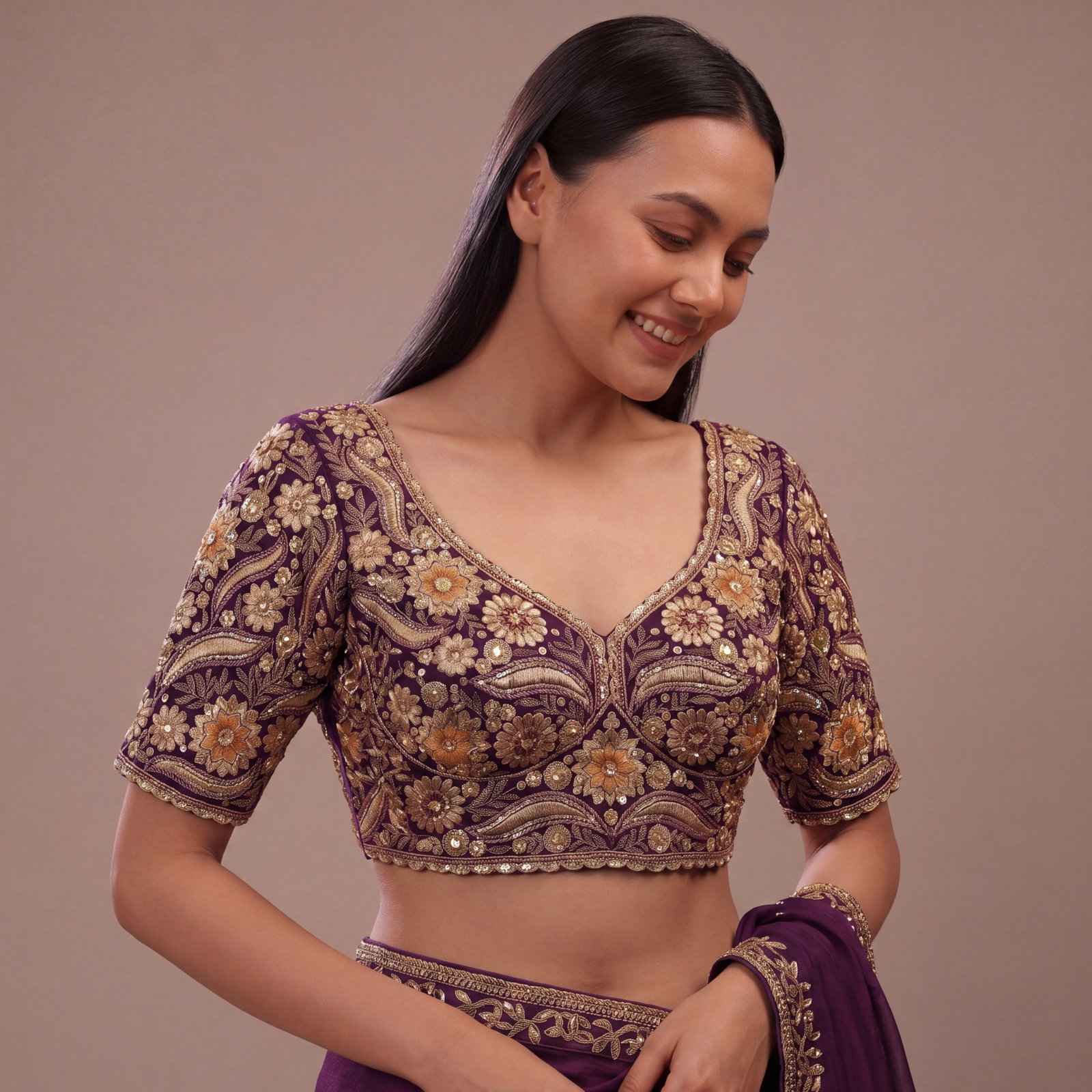 Wine Bridal Sabyasachi Neck Italian Silk Embroidered Readymade Blouse