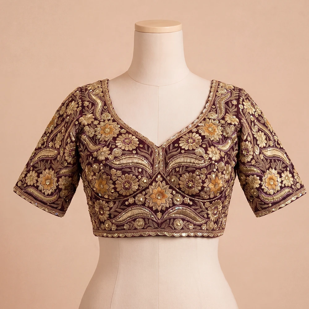 Wine Bridal Sabyasachi Neck Italian Silk Embroidered Readymade Blouse — view 2