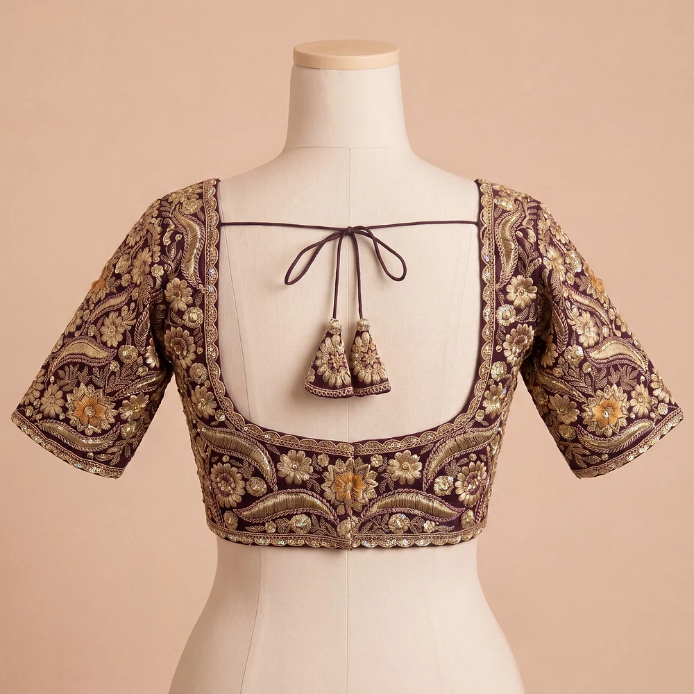 Wine Bridal Sabyasachi Neck Italian Silk Embroidered Readymade Blouse — view 3