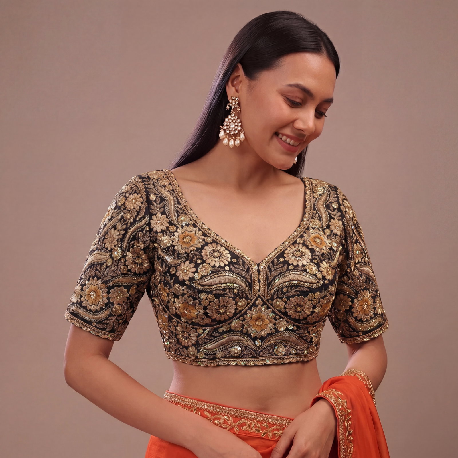 Black Bridal Sabyasachi Neck Italian Silk Embroidered Readymade Blouse