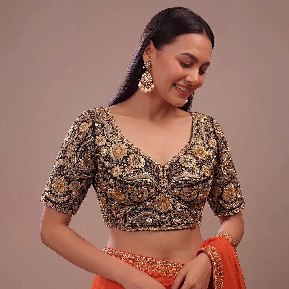 Black Bridal Sabyasachi Neck Italian Silk Embroidered Readymade Blouse — view 1