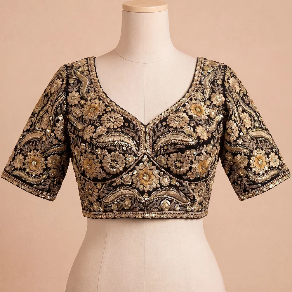 Black Bridal Sabyasachi Neck Italian Silk Embroidered Readymade Blouse — view 2