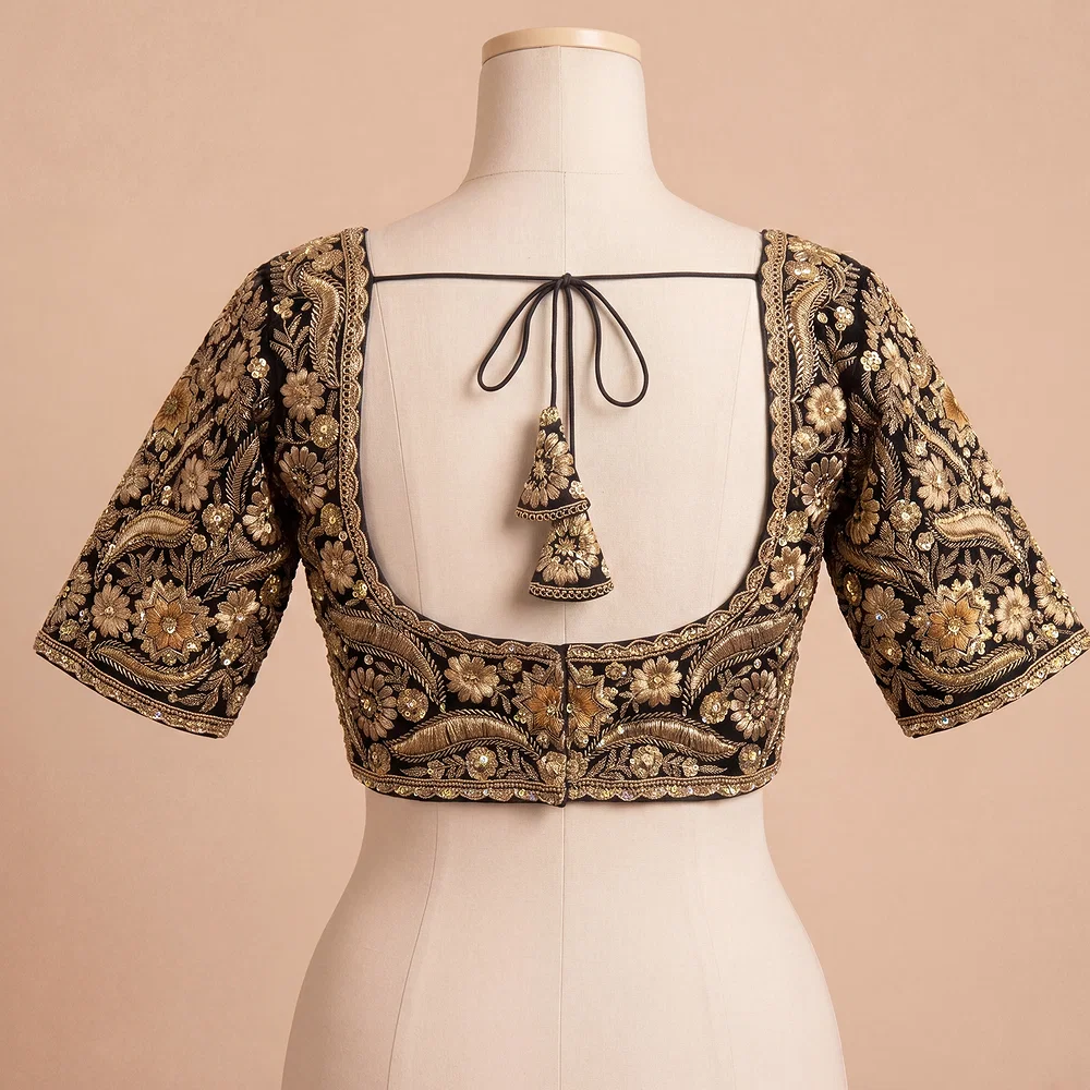Black Bridal Sabyasachi Neck Italian Silk Embroidered Readymade Blouse — view 3