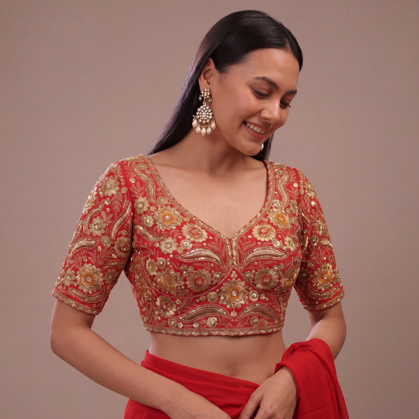 Red Bridal Sabyasachi Neck Italian Silk Embroidered Readymade Blouse