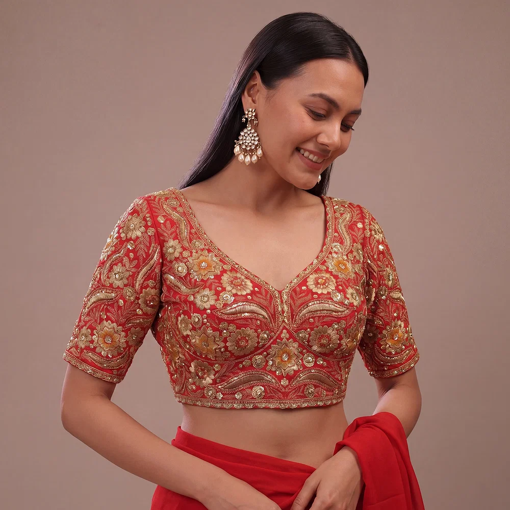 Red Bridal Sabyasachi Neck Italian Silk Embroidered Readymade Blouse — view 1