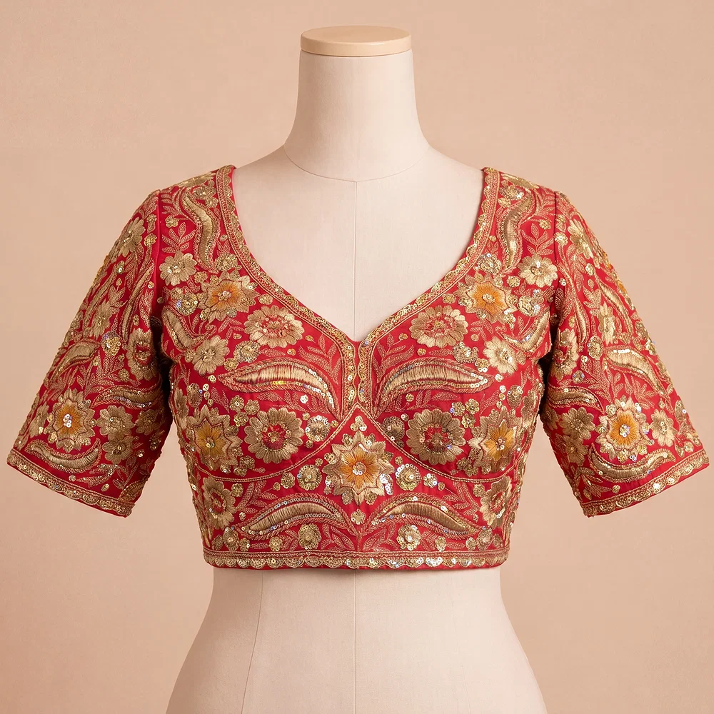 Red Bridal Sabyasachi Neck Italian Silk Embroidered Readymade Blouse — view 2
