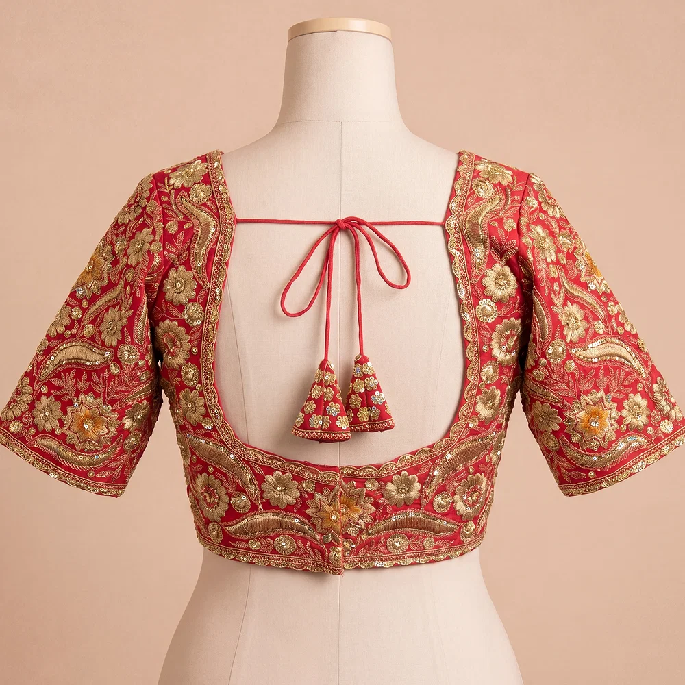 Red Bridal Sabyasachi Neck Italian Silk Embroidered Readymade Blouse — view 3
