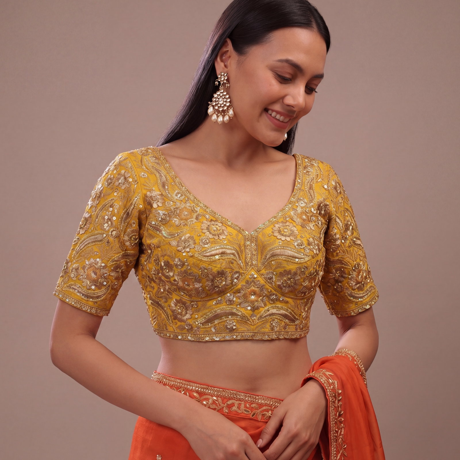 Yellow Bridal Sabyasachi Neck Italian Silk Embroidered Readymade Blouse