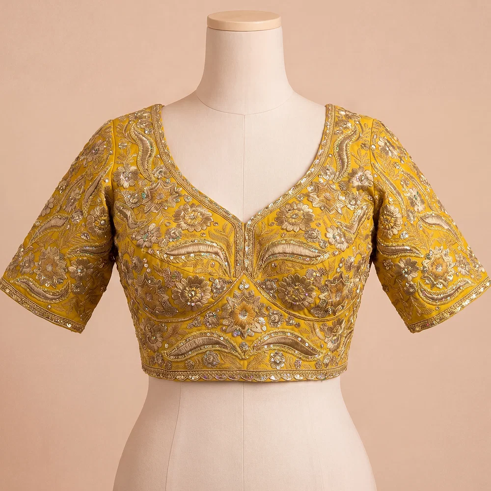 Yellow Bridal Sabyasachi Neck Italian Silk Embroidered Readymade Blouse — view 2