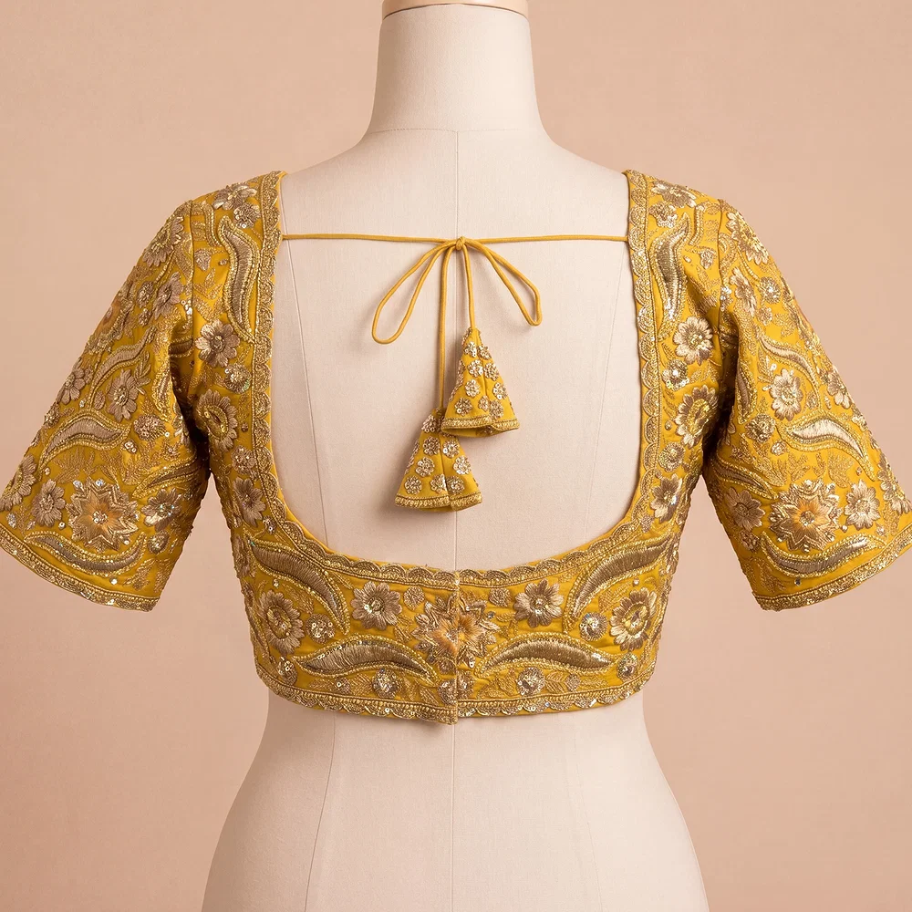 Yellow Bridal Sabyasachi Neck Italian Silk Embroidered Readymade Blouse — view 3